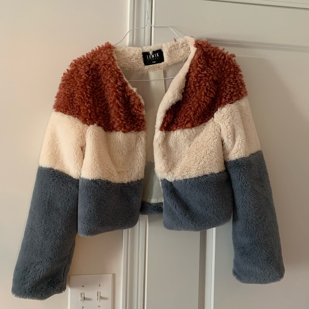 Color block faux fur coat